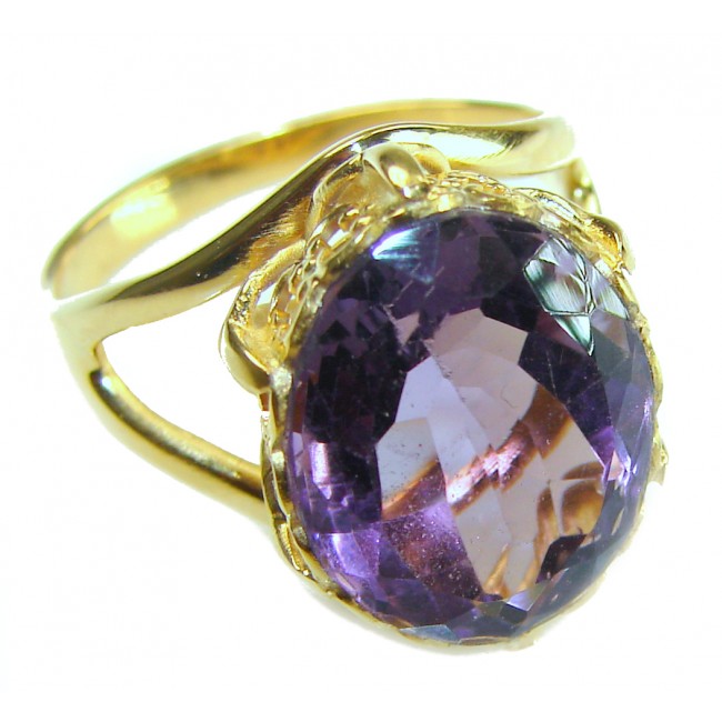 7.2 carat Amethyst 14K Gold over .925 Sterling Silver Handcrafted Ring size 7 1/2 - Amethyst ring close-up with gold over sterling silver setting.
