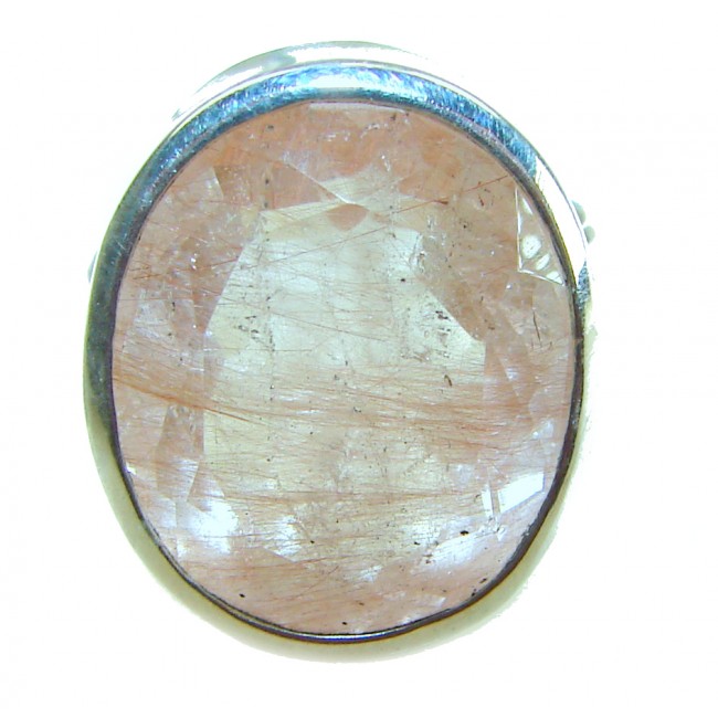 Vintage Design 15.2 carat Golden Rutilated Quartz .925 Sterling Silver handcrafted Ring Size 7 1/4 - Close-up of vintage golden rutilated quartz ring in silver setting