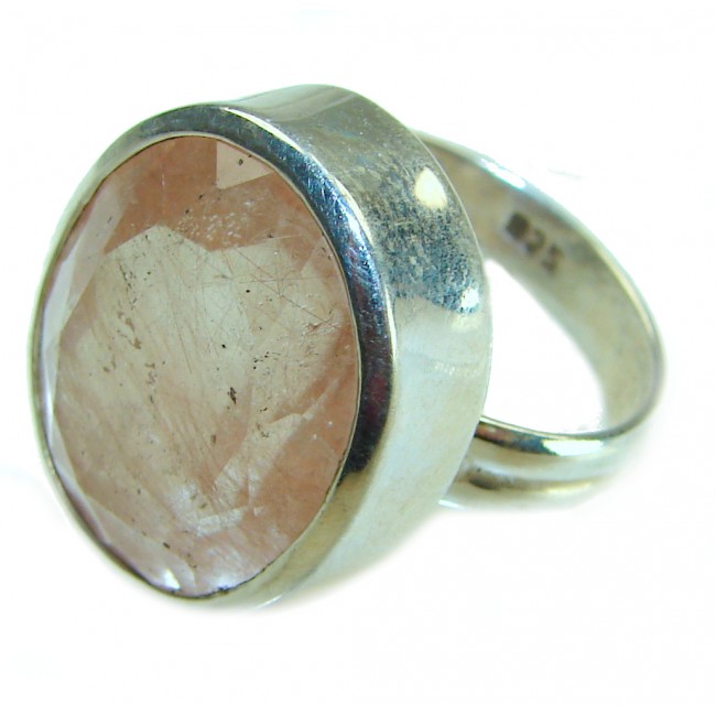 Vintage Design 15.2 carat Golden Rutilated Quartz .925 Sterling Silver handcrafted Ring Size 7 1/4 - Close-up view of vintage golden rutilated quartz sterling silver ring
