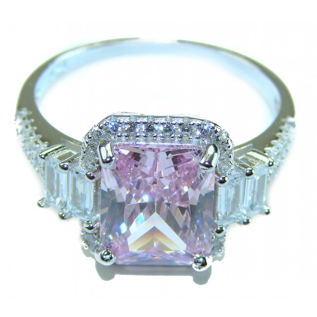 Real Beauty 5.2 carat emerald cut Pink Sapphire .925 Silver handcrafted Cocktail Ring s. 8 1/4 - Emerald cut pink sapphire ring close-up, .925 silver setting.