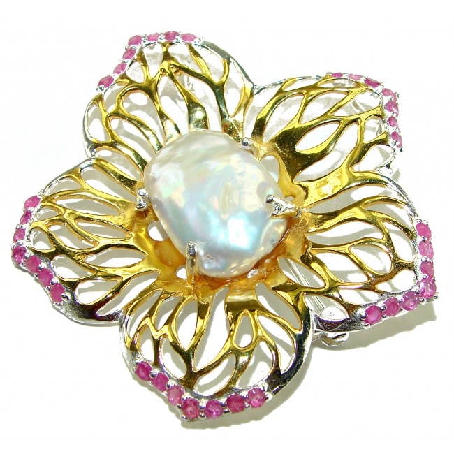 Large Genuine Mother of Pearl Ruby 14K Gold .925 Sterling Silver handmade Pendant Brooch - photo 2
