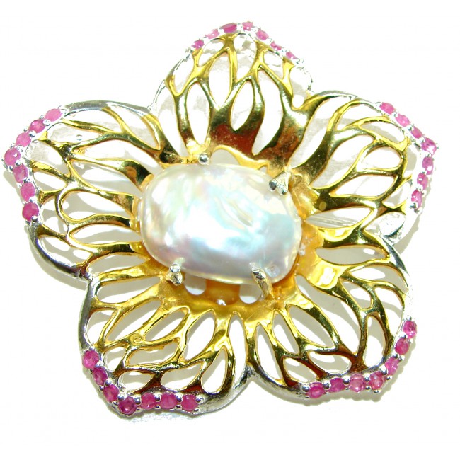 Large Genuine Mother of Pearl Ruby 14K Gold .925 Sterling Silver handmade Pendant Brooch - photo 1
