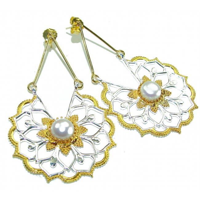 Genuine Pearl 14K Gold over .925 Sterling Silver handcrafted Statement Earrings