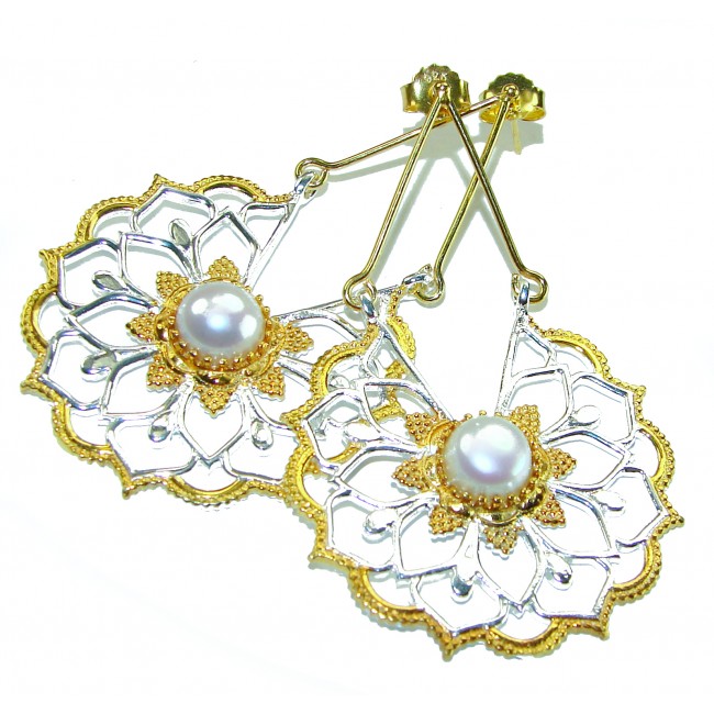 Genuine Pearl 14K Gold over .925 Sterling Silver handcrafted Statement Earrings