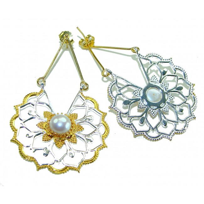 Genuine Pearl 14K Gold over .925 Sterling Silver handcrafted Statement Earrings