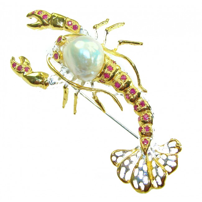 Precious Crayfish Natural Mother of Pearl Ruby 18K Gold over .925 Sterling Silver handmade Pendant Brooch