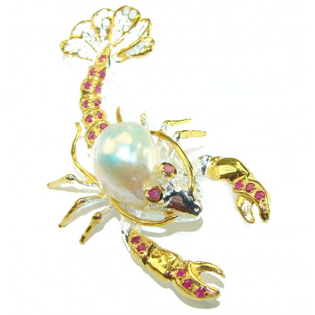 Precious Crayfish Natural Mother of Pearl Ruby 18K Gold over .925 Sterling Silver handmade Pendant Brooch