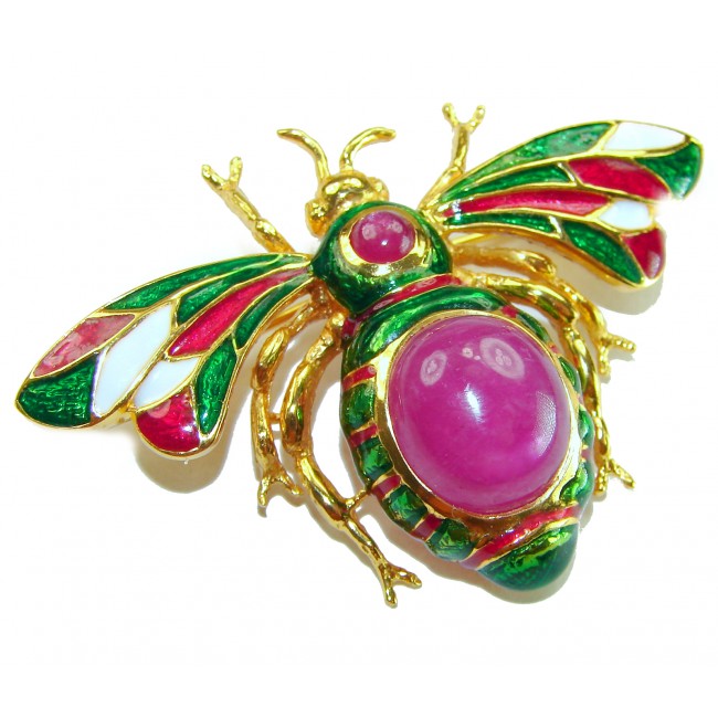 Precious Red Bee genuine 10.2 carat Star Ruby Enamel 18K Gold over .925 Sterling Silver handmade Pendant - Brooch