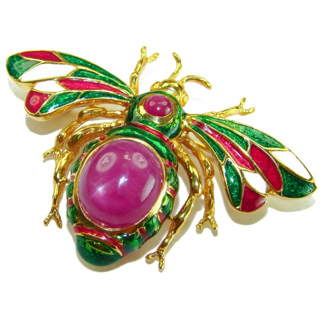 Precious Red Bee genuine 10.2 carat Star Ruby Enamel 18K Gold over .925 Sterling Silver handmade Pendant - Brooch