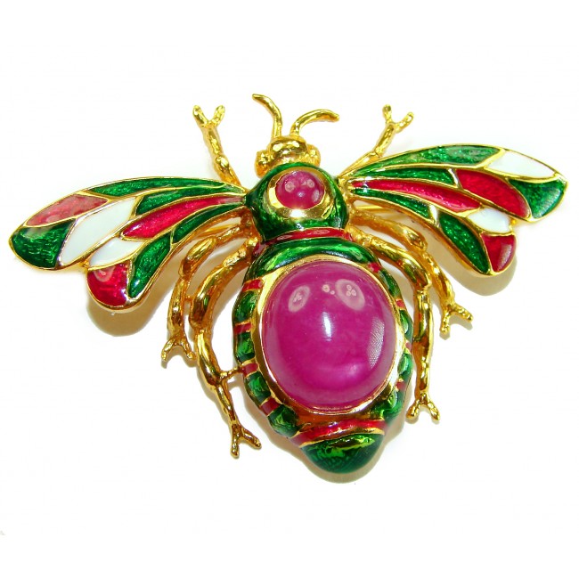 Precious Red Bee genuine 10.2 carat Star Ruby Enamel 18K Gold over .925 Sterling Silver handmade Pendant - Brooch
