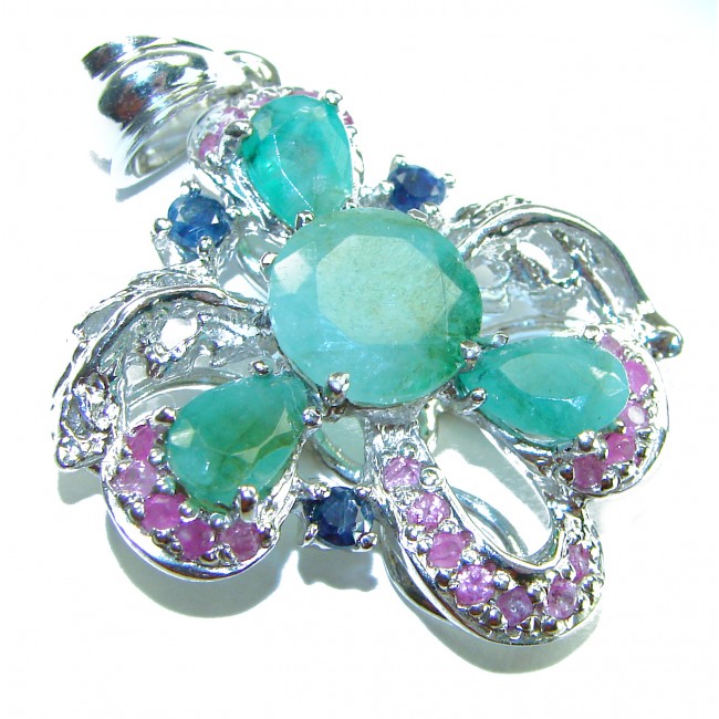 Authentic 12.5 carat Emerald Sapphire .925 Sterling Silver handcrafted Pendant - Emerald and sapphire pendant, top view, sterling silver setting