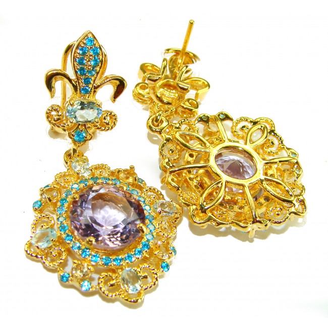 Celtic Spirit authentic fancy cut 22.5 carat Pink Amethyst 18K Gold over .925 Sterling Silver handcrafted Statement earrings