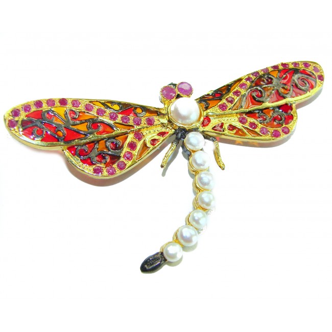 Big Dragonfly Pearl Enamel 18K Gold over .925 Sterling Silver handcrafted Pendant Brooch