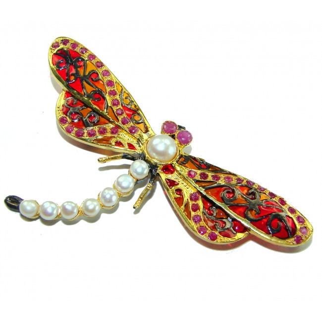 Big Dragonfly Pearl Enamel 18K Gold over .925 Sterling Silver handcrafted Pendant Brooch