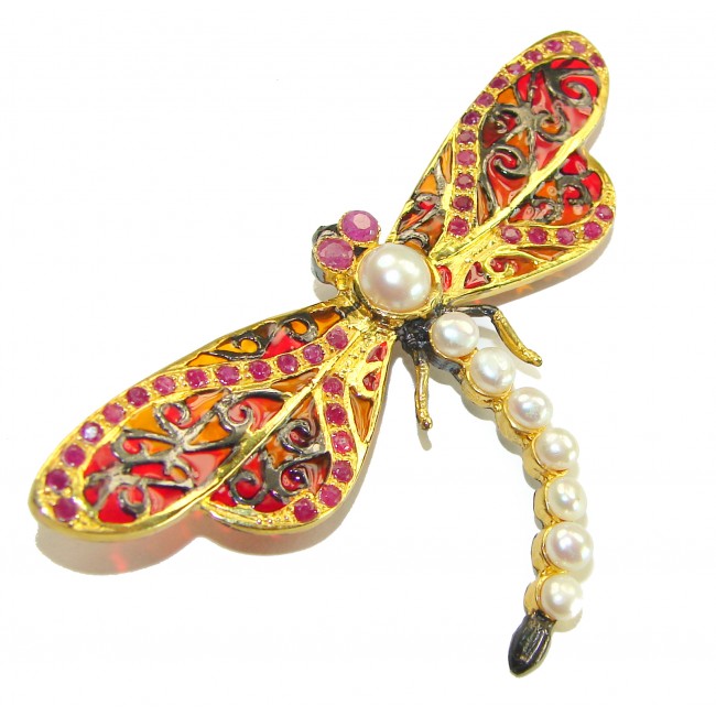 Big Dragonfly Pearl Enamel 18K Gold over .925 Sterling Silver handcrafted Pendant Brooch