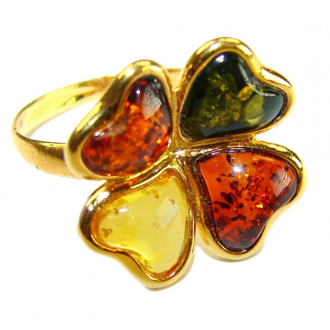 Beauty of the Nature Baltic Amber .925 Sterling Silver handcrafted HUGE ring; s. 7 adjustable - Close-up of heart-shaped Baltic amber ring with gold setting