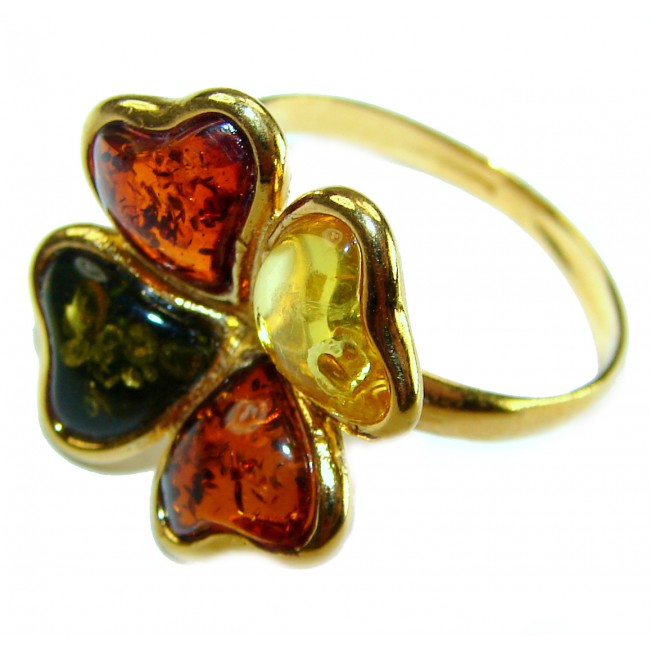 Beauty of the Nature Baltic Amber .925 Sterling Silver handcrafted HUGE ring; s. 7 adjustable - Close-up of Baltic Amber ring with heart-shaped stones.