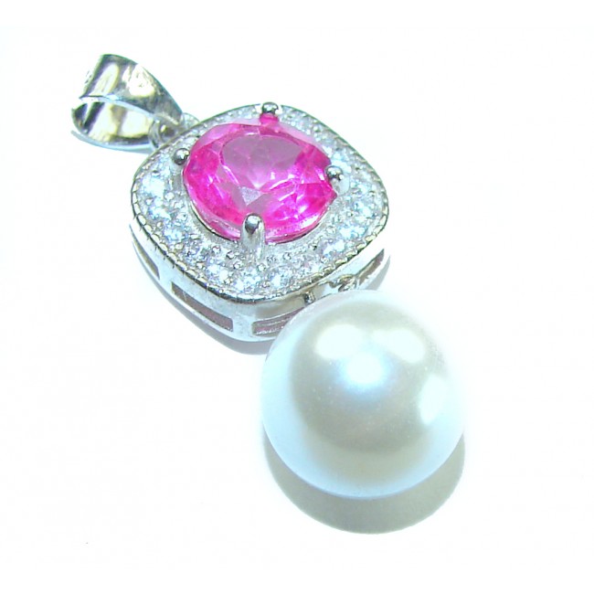A Spark of Sweetness 2.8 carat Hot Pink Sapphire Pearl .925 Sterling Silver handcrafted Pendant - Close-up of hot pink sapphire and pearl pendant with .925 silver detail.