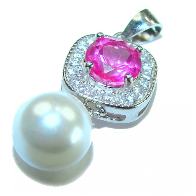 A Spark of Sweetness 2.8 carat Hot Pink Sapphire Pearl .925 Sterling Silver handcrafted Pendant - Close-up of a hot pink sapphire and pearl pendant in silver setting