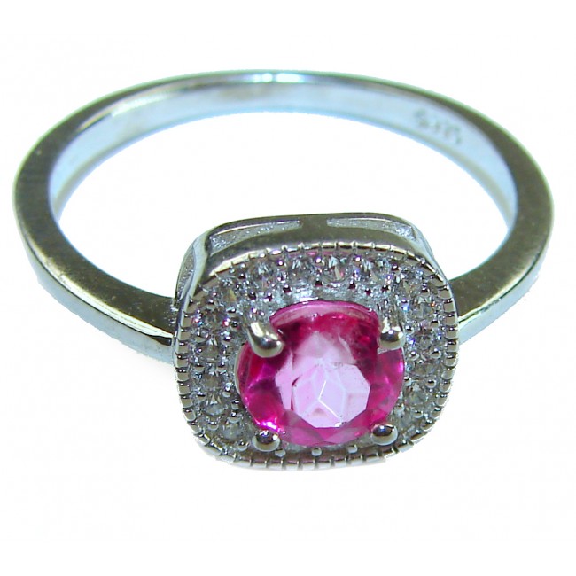A Spark of Sweetness 5.8 carat Hot Pink Sapphire .925 Sterling Silver Ring s. 8 1/4 - Hot pink sapphire ring close-up; silver band and stone halo detail.