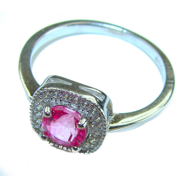 A Spark of Sweetness 5.8 carat Hot Pink Sapphire .925 Sterling Silver Ring s. 8 1/4 - Close-up of ring with hot pink sapphire and diamond halo.