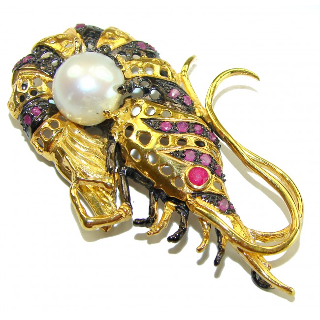 Precious Shrimp genuine Ruby 14k Gold over .925 Sterling Silver handmade Pendant - Brooch