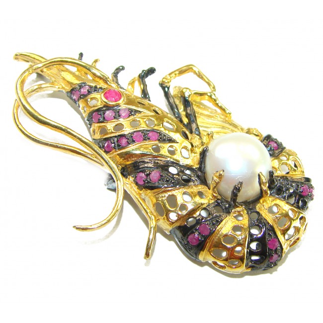 Precious Shrimp genuine Ruby 14k Gold over .925 Sterling Silver handmade Pendant - Brooch