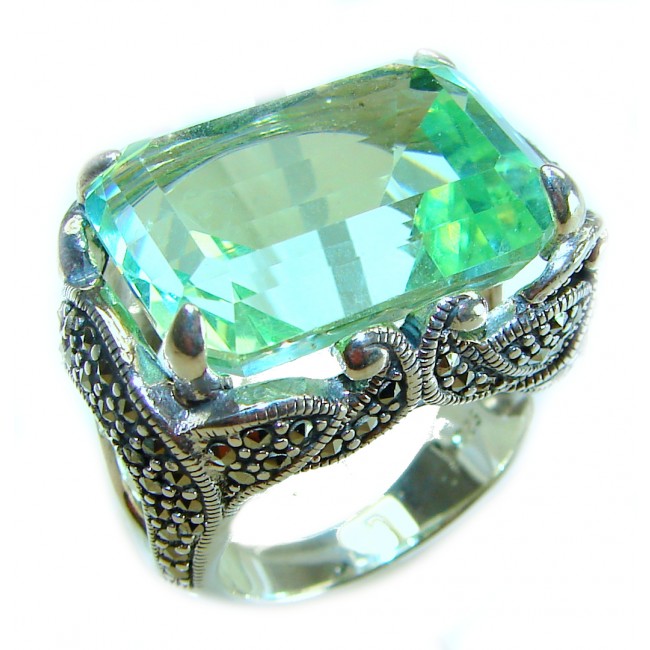 Rare Finding! Natural 28.4 carat Apatite Marcasite .925 Sterling Silver handmade Large Statement Ring size 8