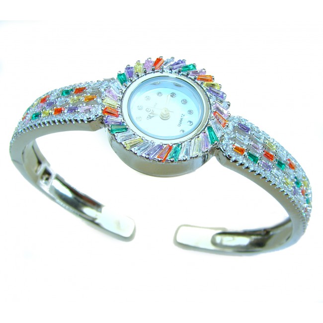 Precious Authentic 33.2 carat multicolor Sapphire .925 Sterling Silver handmade Bracelet Watch
