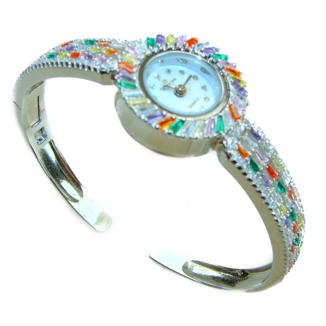 Precious Authentic 33.2 carat multicolor Sapphire .925 Sterling Silver handmade Bracelet Watch
