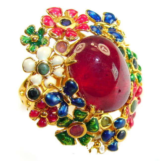 True Passion 18.5 carat Mozambique Ruby Enamel 18K Gold over .925 Sterling Silver Huge handcrafted Ring s. 8