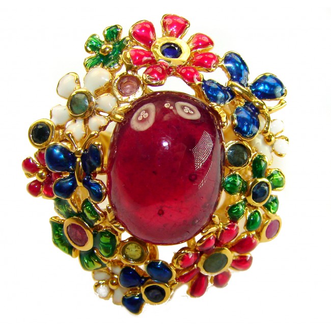 True Passion 18.5 carat Mozambique Ruby Enamel 18K Gold over .925 Sterling Silver Huge handcrafted Ring s. 8