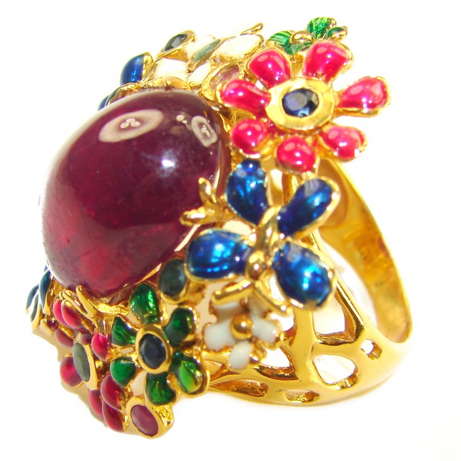 True Passion 18.5 carat Mozambique Ruby Enamel 18K Gold over .925 Sterling Silver Huge handcrafted Ring s. 8