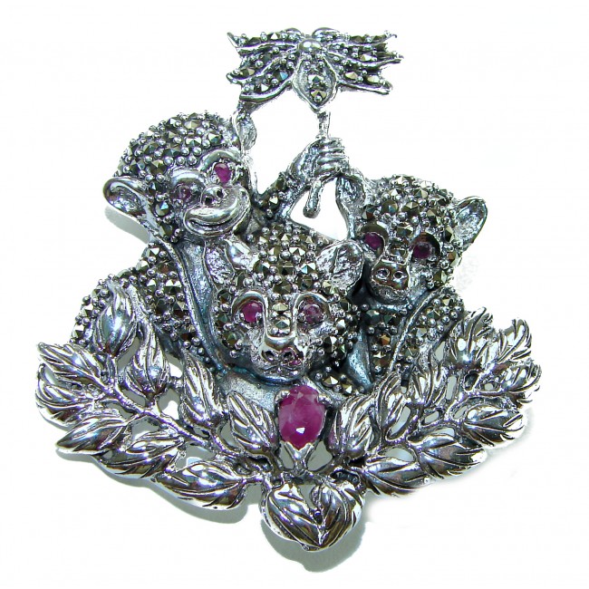 Three Monkeys - Spectacular - Ruby Marcasite .925 Sterling Silver handmade Brooch