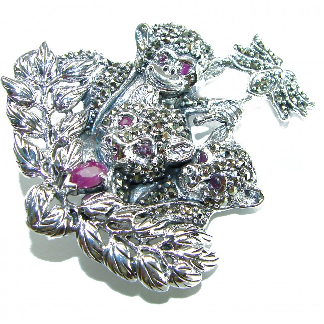 Three Monkeys - Spectacular - Ruby Marcasite .925 Sterling Silver handmade Brooch