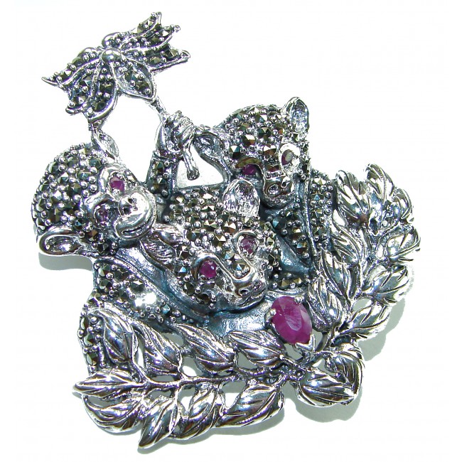 Three Monkeys - Spectacular - Ruby Marcasite .925 Sterling Silver handmade Brooch