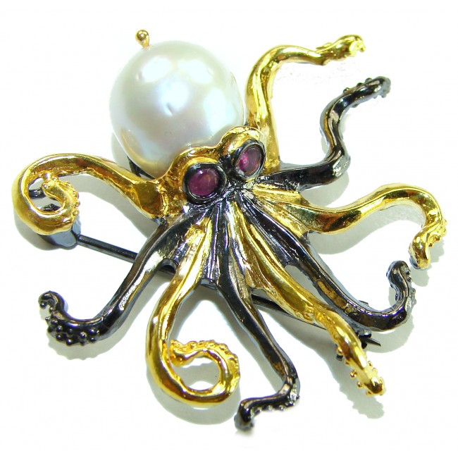 Octopus real Pearl 18K Gold over .925 Sterling Silver handmade Pendant