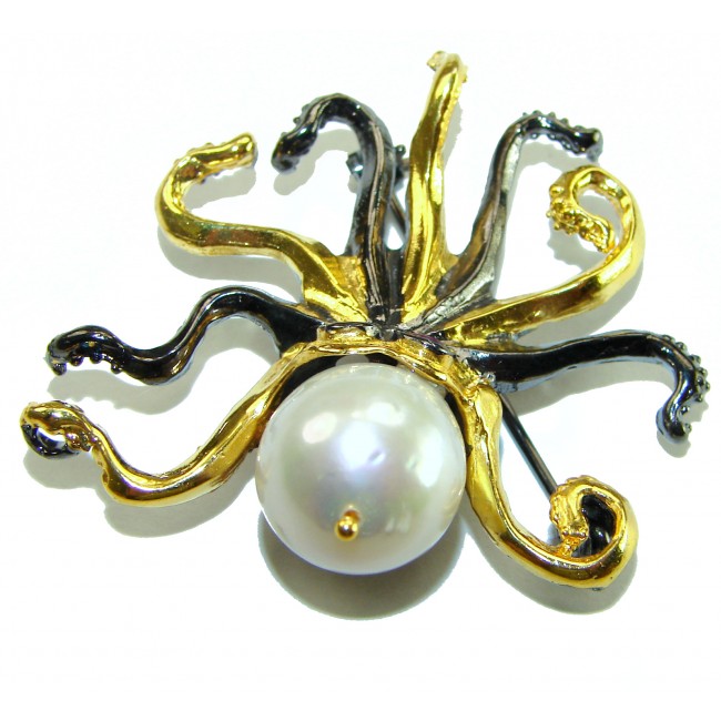 Octopus real Pearl 18K Gold over .925 Sterling Silver handmade Pendant