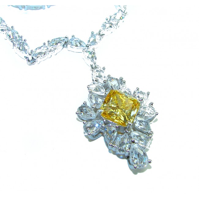60.5 carat fancy cut Authentic Yellow Sapphire .925 Sterling Silver handcrafted Statement Necklace - Close-up of yellow sapphire necklace with clear stones