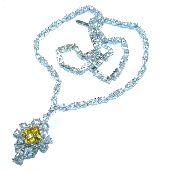 60.5 carat fancy cut Authentic Yellow Sapphire .925 Sterling Silver handcrafted Statement Necklace - Elegant necklace with yellow sapphire, top view, intricate detailing.