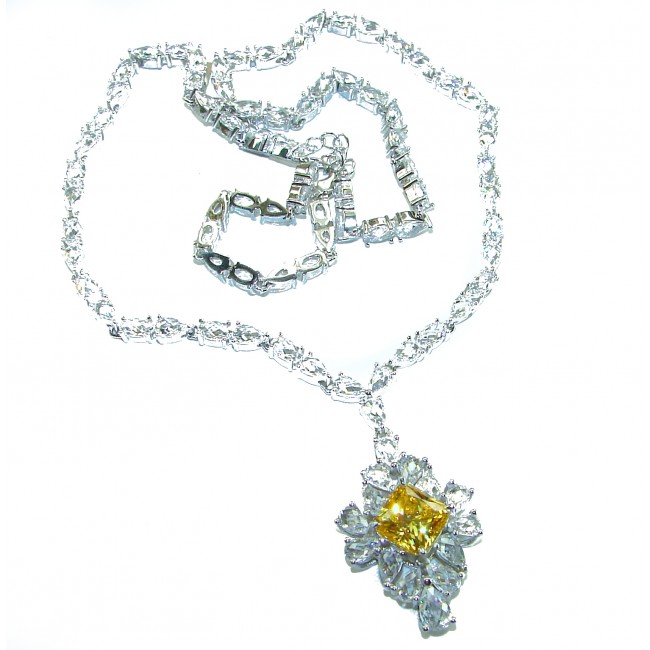 60.5 carat fancy cut Authentic Yellow Sapphire .925 Sterling Silver handcrafted Statement Necklace - Necklace with yellow sapphire pendant, front view, intricate chain detail.