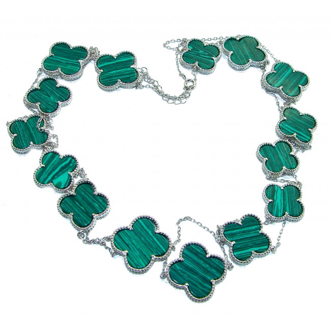 44 inches Outstanding authentic inlay Malachite Lucky Four Leaf Clover .925 Sterling Silver necklace