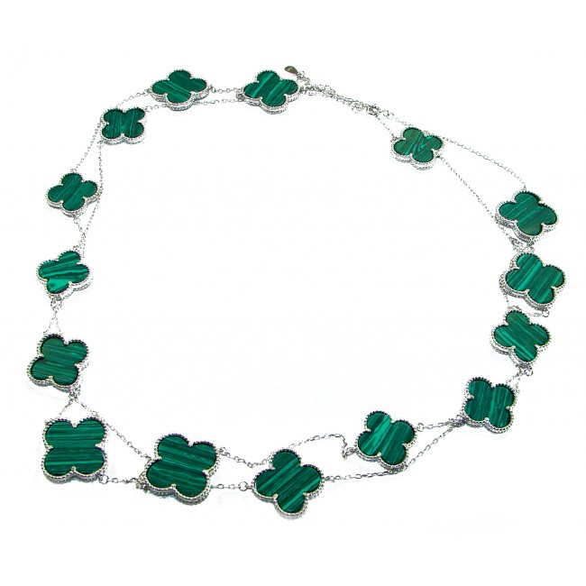 44 inches Outstanding authentic inlay Malachite Lucky Four Leaf Clover .925 Sterling Silver necklace