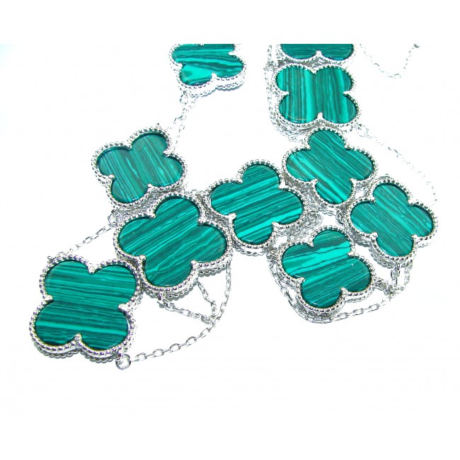 44 inches Outstanding authentic inlay Malachite Lucky Four Leaf Clover .925 Sterling Silver necklace
