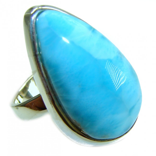 Blue Dreamer authentic Larimar .925 Sterling Silver handmade Large Solid ring size 7 adjustable - Stone close-up of Blue Dreamer Larimar in .925 Sterling Silver ring