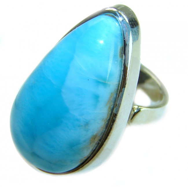 Blue Dreamer authentic Larimar .925 Sterling Silver handmade Large Solid ring size 7 adjustable - Close-up of Blue Dreamer Larimar Sterling Silver ring.