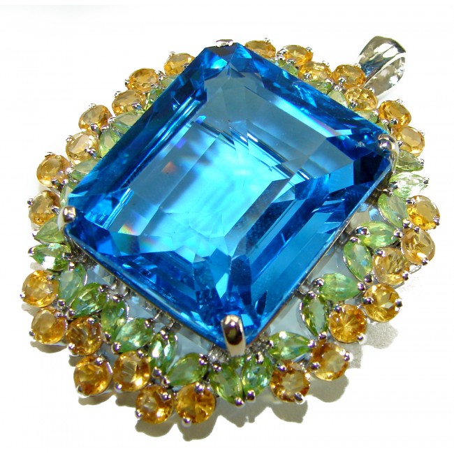 Oceania baquette cut 52.8 carat Swiss Blue Topaz .925 Sterling Silver Handcrafted Pendant Brooch - photo 3