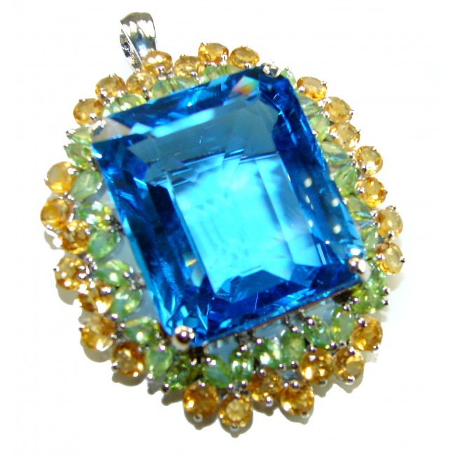 Oceania baquette cut 52.8 carat Swiss Blue Topaz .925 Sterling Silver Handcrafted Pendant Brooch - photo 2