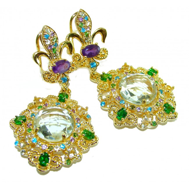Celtic Spirit authentic fancy cut 22.5 carat Green Amethyst 18K Gold over .925 Sterling Silver handcrafted Statement earrings
