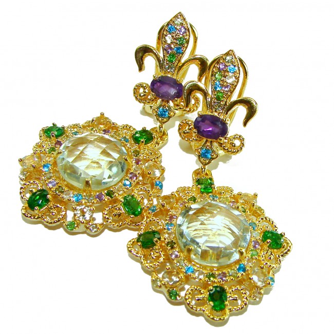 Celtic Spirit authentic fancy cut 22.5 carat Green Amethyst 18K Gold over .925 Sterling Silver handcrafted Statement earrings